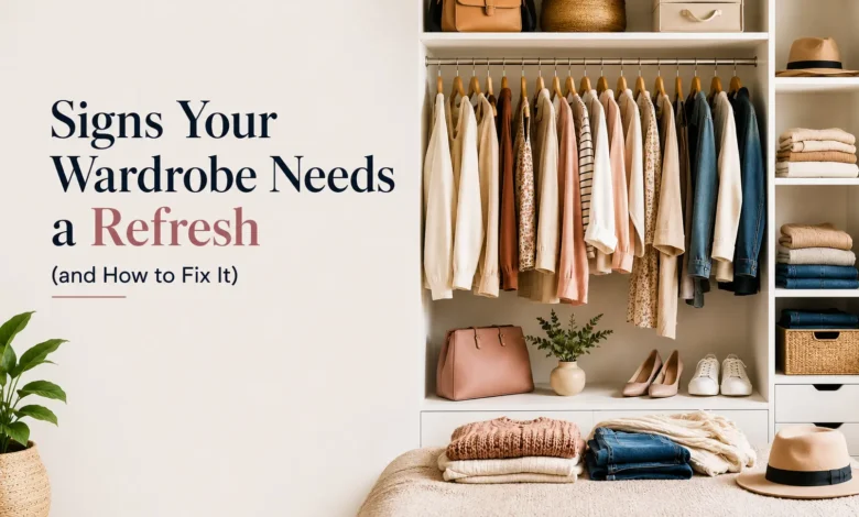 Organized modern wardrobe with neatly arranged clothing and accessories beside the title 'Signs Your Wardrobe Needs a Refresh (and How to Fix It)' on a clean, minimalist background.