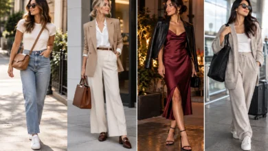 Four stylish women showcasing casual, office, date night and travel outfit ideas for different occasions.