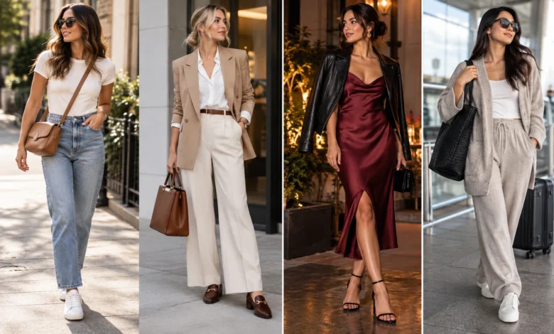 Four stylish women showcasing casual, office, date night and travel outfit ideas for different occasions.