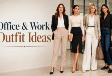 Professional office and work outfit ideas featuring women wearing stylish business casual and corporate clothing in a modern office environment with tailored blazers, trousers, skirts, and work-ready accessories.