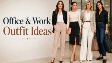 Professional office and work outfit ideas featuring women wearing stylish business casual and corporate clothing in a modern office environment with tailored blazers, trousers, skirts, and work-ready accessories.