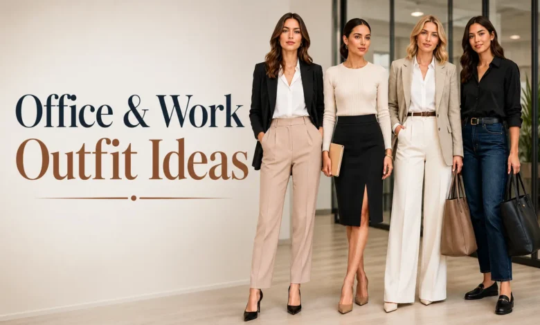Professional office and work outfit ideas featuring women wearing stylish business casual and corporate clothing in a modern office environment with tailored blazers, trousers, skirts, and work-ready accessories.