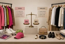 Side-by-side display of trendy fashion pieces and timeless wardrobe essentials, illustrating how to balance modern trends with classic style for a versatile, long-lasting wardrobe.