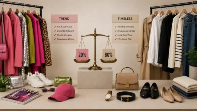 Side-by-side display of trendy fashion pieces and timeless wardrobe essentials, illustrating how to balance modern trends with classic style for a versatile, long-lasting wardrobe.