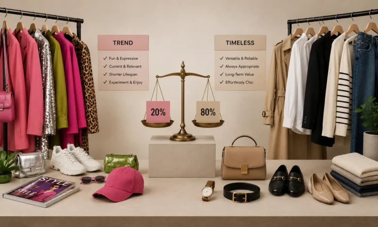 Side-by-side display of trendy fashion pieces and timeless wardrobe essentials, illustrating how to balance modern trends with classic style for a versatile, long-lasting wardrobe.