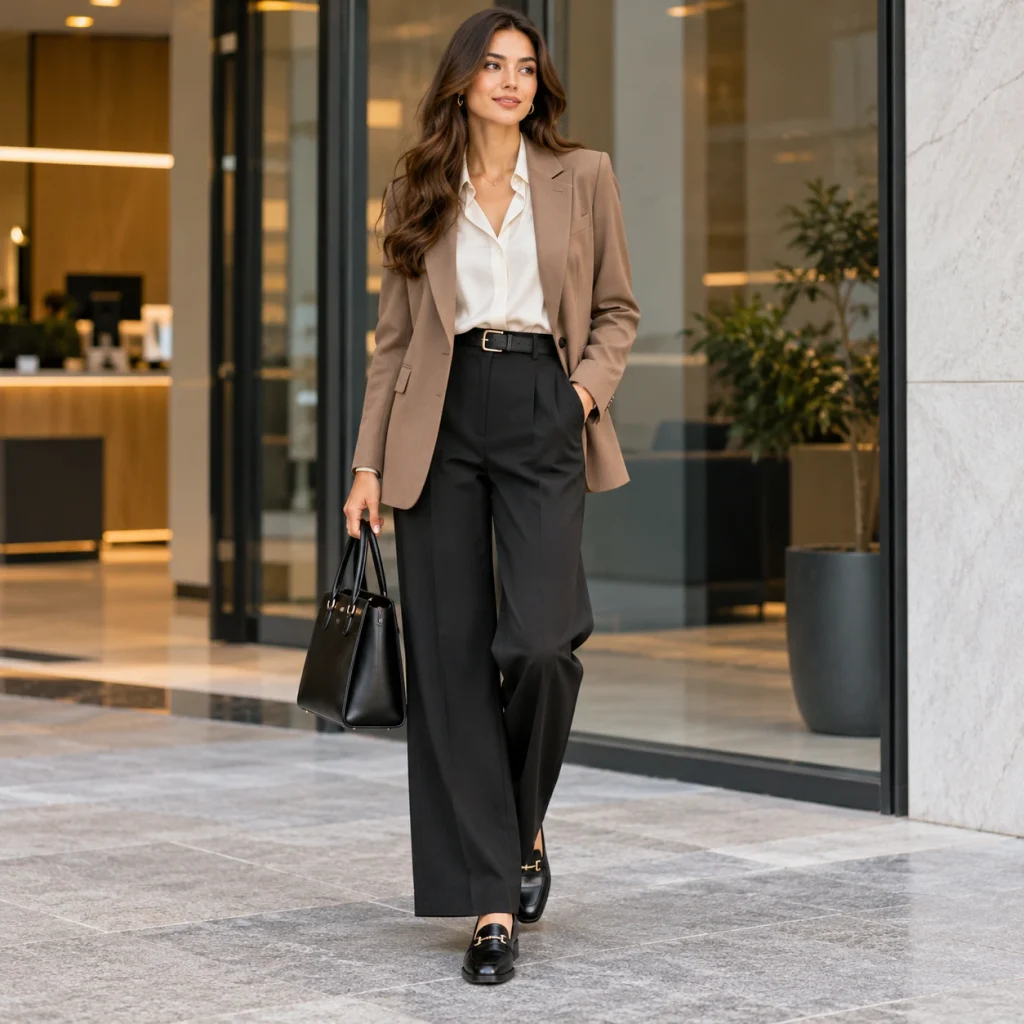 Professional woman wearing a camel blazer, white blouse, black wide-leg trousers and loafers outside a modern office.