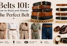 Stylish collection of leather, braided, chain, and statement belts displayed with outfit styling examples, showcasing how to choose and wear the perfect belt for casual, work, and formal looks.