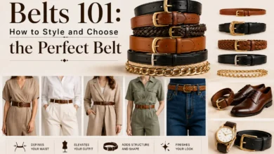Stylish collection of leather, braided, chain, and statement belts displayed with outfit styling examples, showcasing how to choose and wear the perfect belt for casual, work, and formal looks.