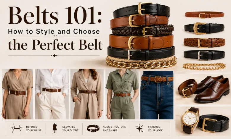 Stylish collection of leather, braided, chain, and statement belts displayed with outfit styling examples, showcasing how to choose and wear the perfect belt for casual, work, and formal looks.