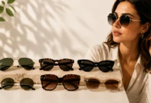 Stylish collection of sunglasses including aviator, round, cat-eye, oversized, and square frames displayed beside a woman wearing modern eyewear in a bright, minimalist setting.