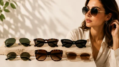 Stylish collection of sunglasses including aviator, round, cat-eye, oversized, and square frames displayed beside a woman wearing modern eyewear in a bright, minimalist setting.