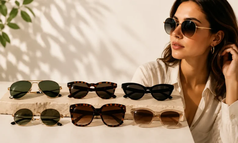 Stylish collection of sunglasses including aviator, round, cat-eye, oversized, and square frames displayed beside a woman wearing modern eyewear in a bright, minimalist setting.