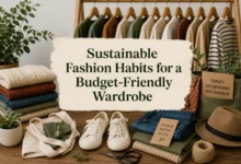 Sustainable fashion habits for a budget-friendly wardrobe with eco-friendly clothing, thrifted garments, folded sweaters, sneakers, and reusable fashion items.