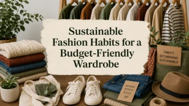 Sustainable fashion habits for a budget-friendly wardrobe with eco-friendly clothing, thrifted garments, folded sweaters, sneakers, and reusable fashion items.