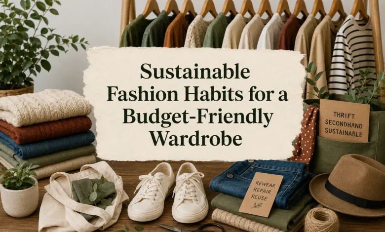 Sustainable fashion habits for a budget-friendly wardrobe with eco-friendly clothing, thrifted garments, folded sweaters, sneakers, and reusable fashion items.