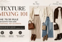 Texture Mixing 101 fashion guide featuring the 70/30 rule with stylish outfit combinations and contrasting fabric textures