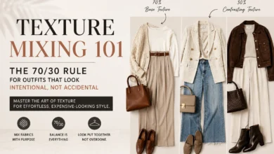 Texture Mixing 101 fashion guide featuring the 70/30 rule with stylish outfit combinations and contrasting fabric textures