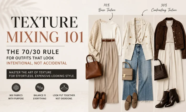 Texture Mixing 101 fashion guide featuring the 70/30 rule with stylish outfit combinations and contrasting fabric textures