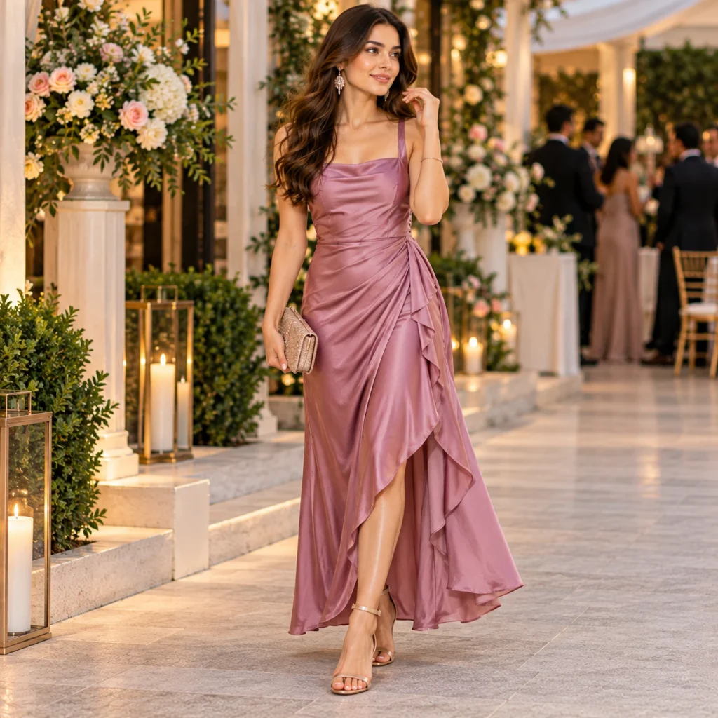 Elegant wedding guest wearing a dusty pink satin dress with strappy heels and a sparkling clutch at a wedding venue.