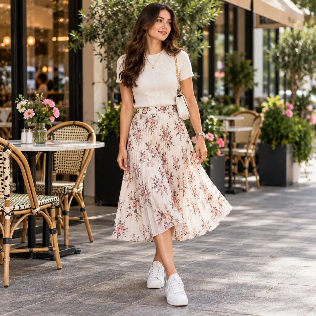 Fashionable woman wearing a white ribbed top, floral pleated midi skirt and white sneakers outside a sunny café.