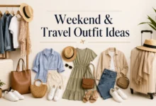 Weekend and travel outfit ideas featuring a neutral capsule wardrobe with versatile clothing, comfortable sneakers, luggage, handbags, and stylish travel essentials for effortless packing and everyday adventures.