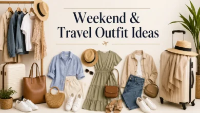 Weekend and travel outfit ideas featuring a neutral capsule wardrobe with versatile clothing, comfortable sneakers, luggage, handbags, and stylish travel essentials for effortless packing and everyday adventures.