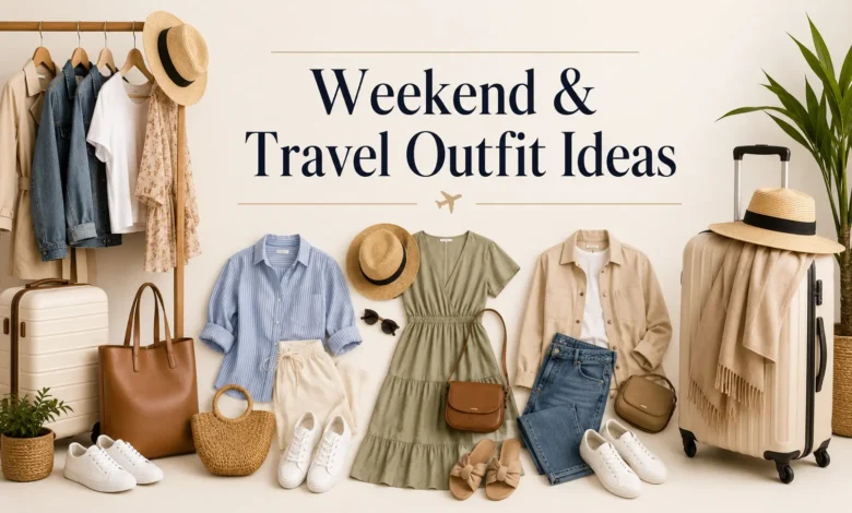 Weekend and travel outfit ideas featuring a neutral capsule wardrobe with versatile clothing, comfortable sneakers, luggage, handbags, and stylish travel essentials for effortless packing and everyday adventures.