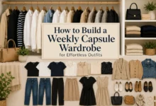 Weekly capsule wardrobe guide with coordinated neutral fashion essentials, including tops, bottoms, dresses, jackets, shoes, and accessories for creating effortless everyday outfits.