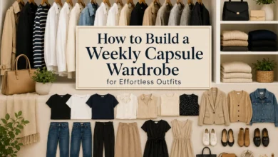 Weekly capsule wardrobe guide with coordinated neutral fashion essentials, including tops, bottoms, dresses, jackets, shoes, and accessories for creating effortless everyday outfits.