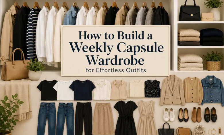Weekly capsule wardrobe guide with coordinated neutral fashion essentials, including tops, bottoms, dresses, jackets, shoes, and accessories for creating effortless everyday outfits.