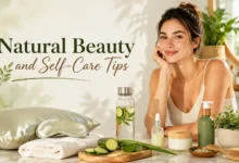 Woman with glowing skin surrounded by skincare products, aloe vera, cucumber, and wellness essentials with the text Natural Beauty and Self-Care Tips in a bright minimalist setting.