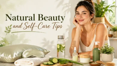 Woman with glowing skin surrounded by skincare products, aloe vera, cucumber, and wellness essentials with the text Natural Beauty and Self-Care Tips in a bright minimalist setting.