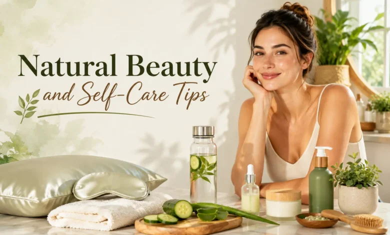 Woman with glowing skin surrounded by skincare products, aloe vera, cucumber, and wellness essentials with the text Natural Beauty and Self-Care Tips in a bright minimalist setting.
