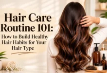 Woman with long healthy hair and hair care products illustrating a personalized hair care routine for different hair types.