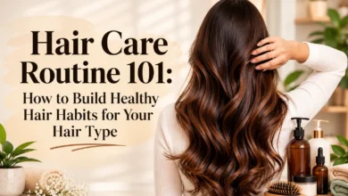 Woman with long healthy hair and hair care products illustrating a personalized hair care routine for different hair types.