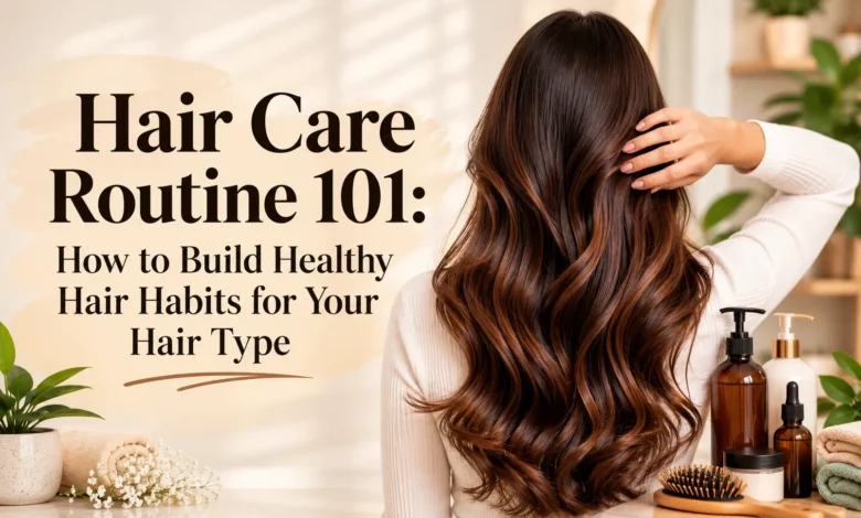 Woman with long healthy hair and hair care products illustrating a personalized hair care routine for different hair types.