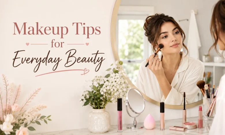 Young woman applying natural everyday makeup at a vanity with concealer, mascara, blush, and beauty essentials in a bright, elegant setting.