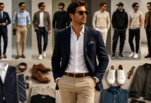 Stylish man showcasing a range of modern men's clothing styles, from classic and formal wear to smart casual and streetwear looks.