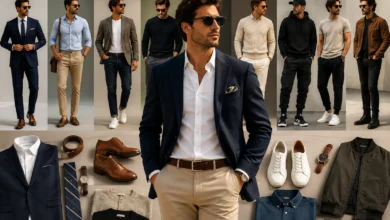 Stylish man showcasing a range of modern men's clothing styles, from classic and formal wear to smart casual and streetwear looks.