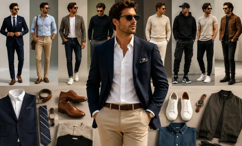 Stylish man showcasing a range of modern men's clothing styles, from classic and formal wear to smart casual and streetwear looks.