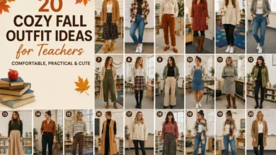 Pinterest-style collage featuring 20 cozy fall outfit ideas for teachers, including cardigans, flannel shirts, sweaters, midi skirts, dresses, trousers, leggings, boots, loafers, and sneakers in warm autumn colors for comfortable, practical, and cute classroom outfits.