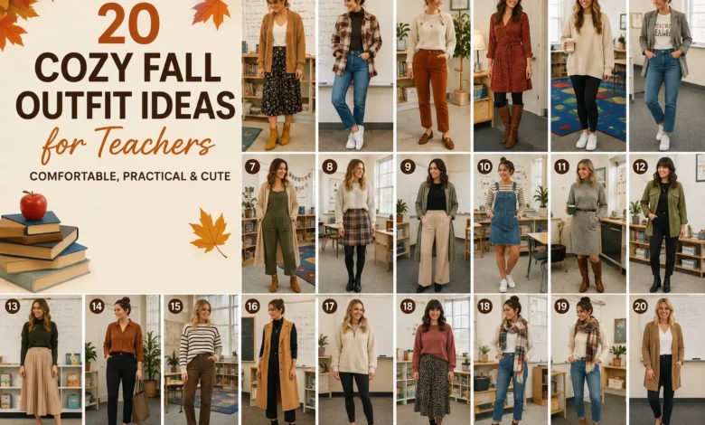 Pinterest-style collage featuring 20 cozy fall outfit ideas for teachers, including cardigans, flannel shirts, sweaters, midi skirts, dresses, trousers, leggings, boots, loafers, and sneakers in warm autumn colors for comfortable, practical, and cute classroom outfits.