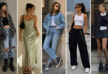 Five nostalgic 90s fashion looks featuring grunge, minimalist slip dresses, denim-on-denim, streetwear, and preppy-punk style.