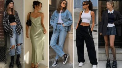 Five nostalgic 90s fashion looks featuring grunge, minimalist slip dresses, denim-on-denim, streetwear, and preppy-punk style.