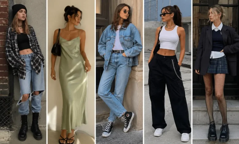 Five nostalgic 90s fashion looks featuring grunge, minimalist slip dresses, denim-on-denim, streetwear, and preppy-punk style.