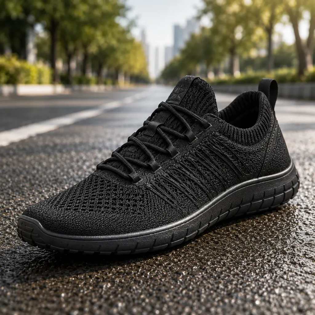 Black Flux Adapt Graphene RR running shoe on wet asphalt along a tree-lined road