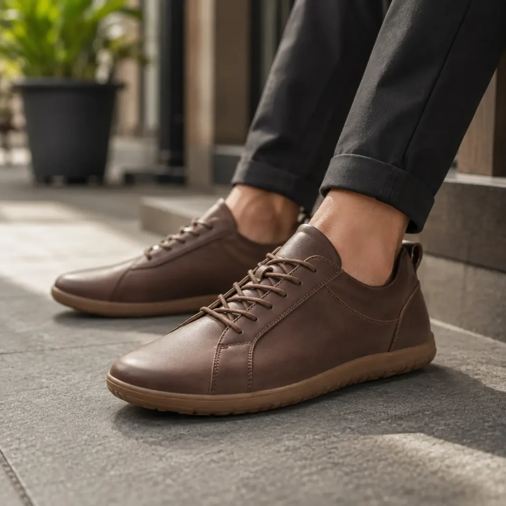 Adapt Leather Trainer brown leather sneakers styled with dark trousers in a polished everyday setting