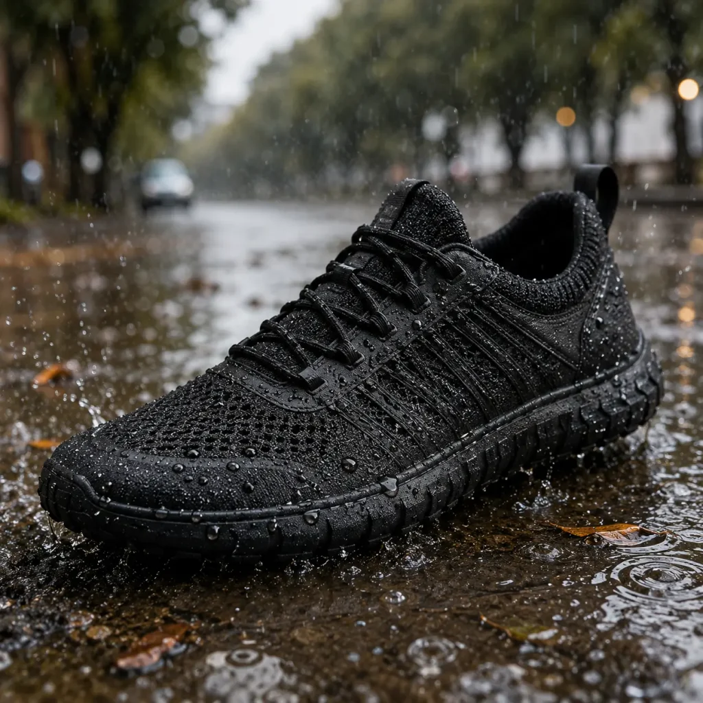 Black Flux Adapt Runner H2O Pro shoe sitting on a rain-soaked street during wet weather