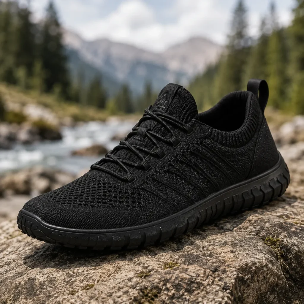 Black Flux Adapt Runner minimalist shoe on a rocky mountain trail beside a flowing stream