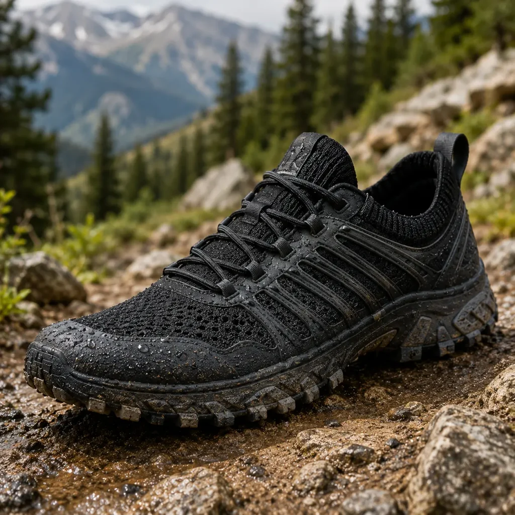 Black Flux Adapt Trail Runner shoe on a muddy mountain trail surrounded by rocks and alpine scenery